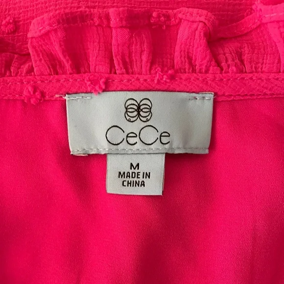 CeCe Hot Pink Swiss Dot Tie-Neck Ruffle Blouse - Picture 4 of 5